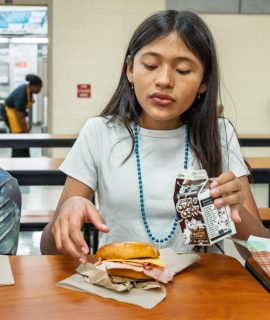 Leandro R. and Sara P. eat lunch in the cafeteria at Citrus Elementary School, a public school in Orlando, Florida, that has implemented WWF's Food Waste Warrior conservation curriculum to measure and reduce cafeteria food waste. Food waste reduction practices include composting, share tables, and encouraging students to take only what they will eat.

Citrus Elementary School, Orlando Florida. 16-04-2025